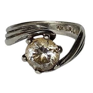 Vtg S.P. Lind Large Clear CZ Solitaire Silver Tone Statement Ring Size 7